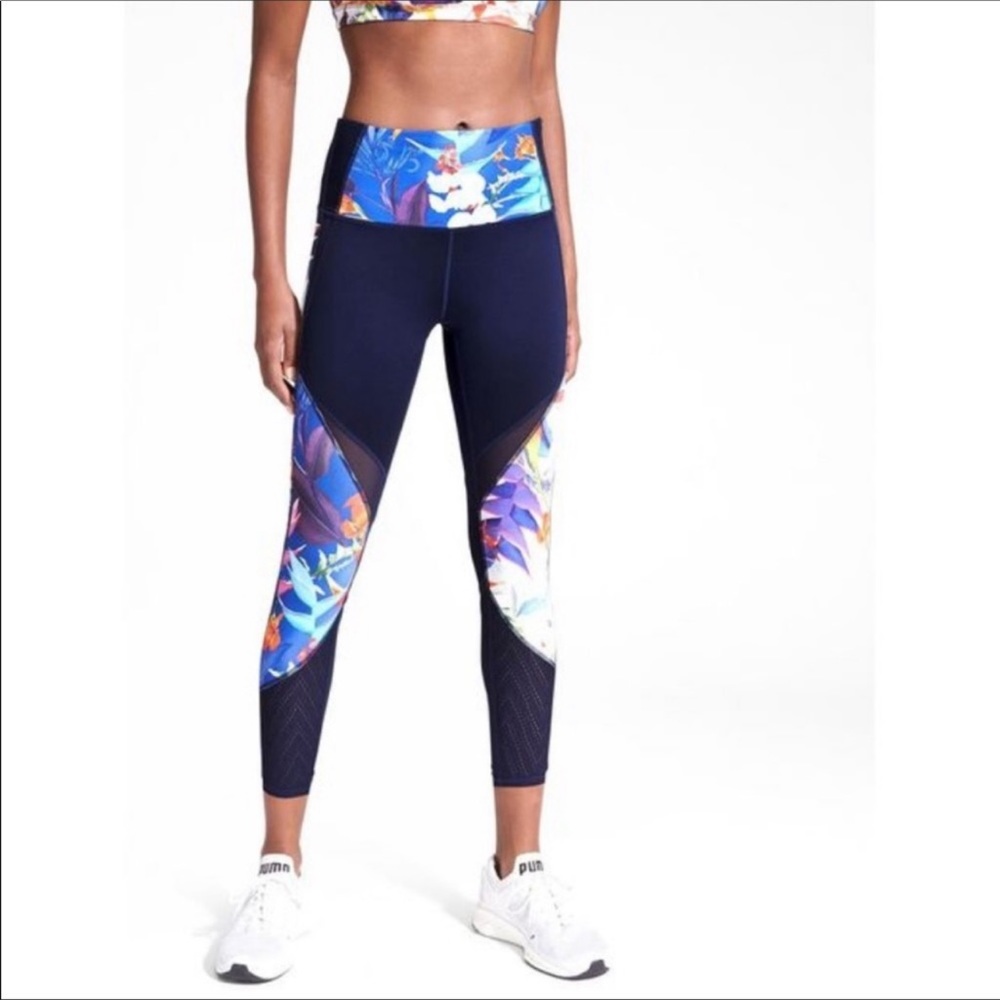 Athleta high rise navy tropical precision mesh leggings 7/8